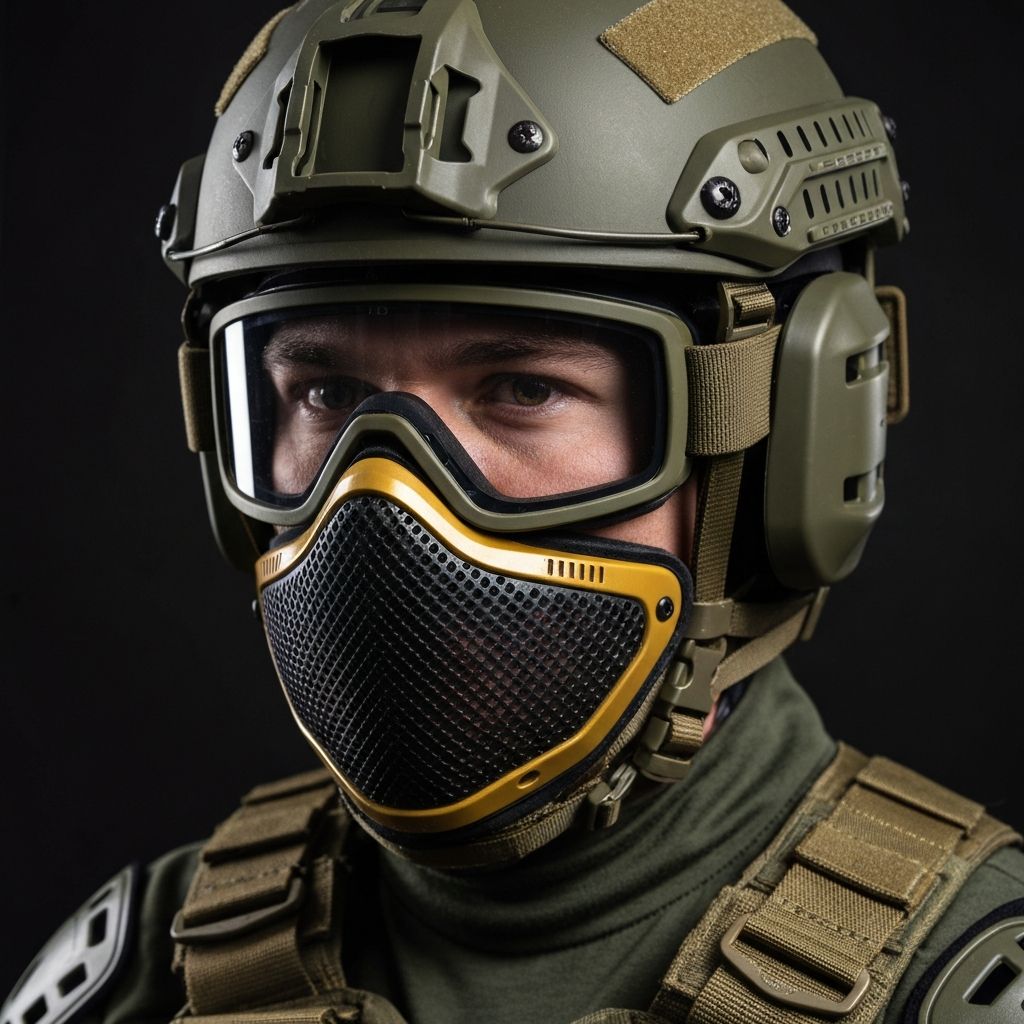 Airsoft player wearing full-seal ballistic goggles and face protection